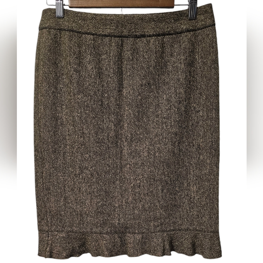 Club Monaco |  Tweed Brown Ruffle-Hem Midi Skirt